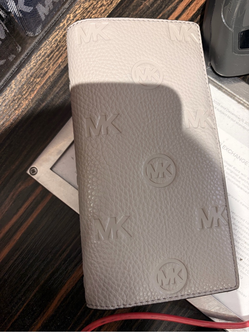 Michael Kors Light stone Cream Embossed MK Long Card bifold new wallet on sale !